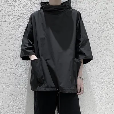 Men Black Hooded Windbreaker T-Shirt Loose Fit Summer Wear