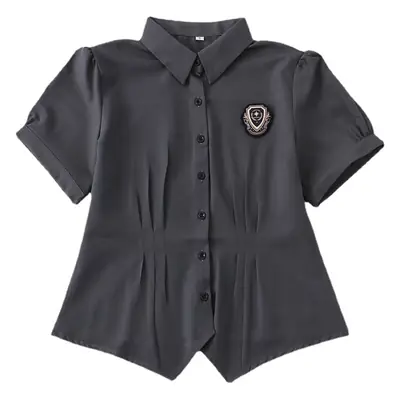 Dark Gray Japanese JK Elastic Waist Shirt with Embroidered Patch