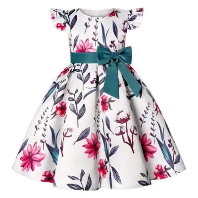 Princess Birthday Dress Blue Floral Flying Sleeves Bow Print