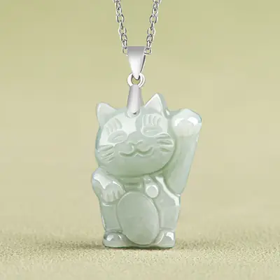 Natural Burmese Jade Lucky Cat Pendant Light Green S925 Silver