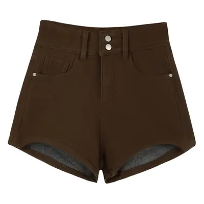Women's Brown Fleece High Waist Shorts Set
