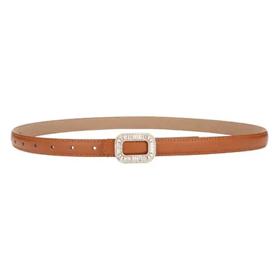 Women's Black Leather Belt with Diamond Buckle