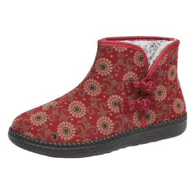 Red Floral Winter Women's Fleece Lined Boots