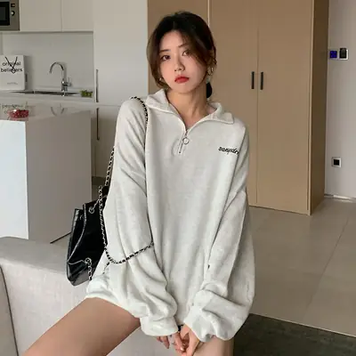 Oversize Fleece Polo Collar Sweater for Women
