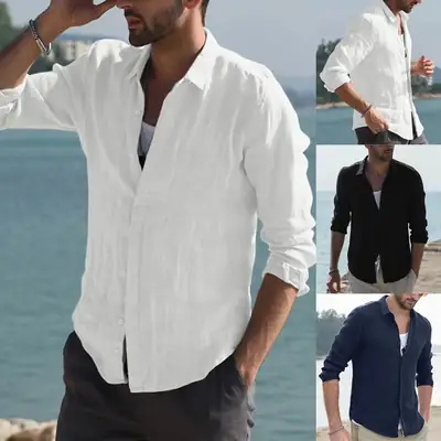 Men's White Cotton Long Sleeve Shirt Casual Men