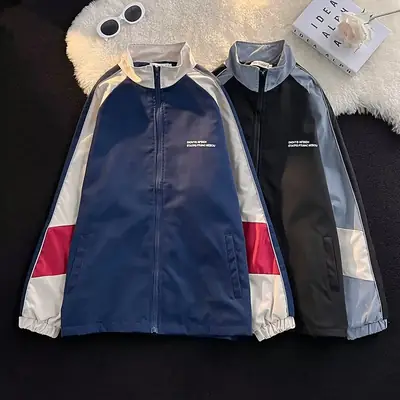Men's Navy Blue Hip-Hop Jacket with Red Beige Sleeves