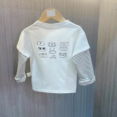 Boys Long Sleeve T-Shirt White Striped Sleeve Pure Cotton Spring Autumn