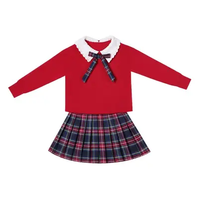 Girls Red Sweater Dress with Plaid Skirt Set