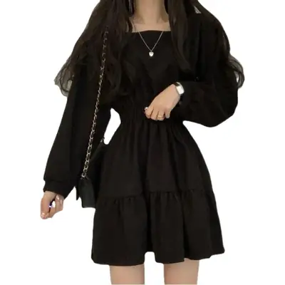 Black Square Collar Slim Pleated Dress for Girls