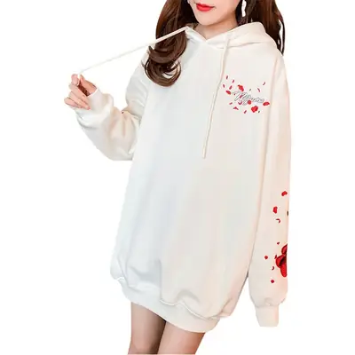 Women Hooded Sweatshirt Black Red Rose White Crane Medium