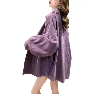 Long Sleeve Corduroy Shirt Women Purple Loose Layered