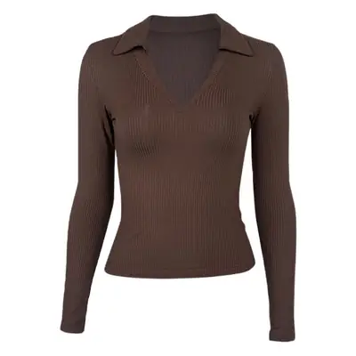 French POLO Collar V Neck Long Sleeve Black Top