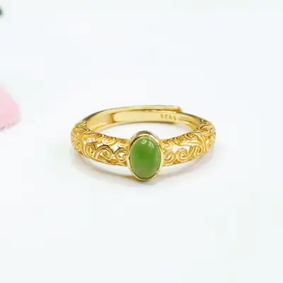 Guan Yu Inlay Jade Ring S925 Silver Green Jade