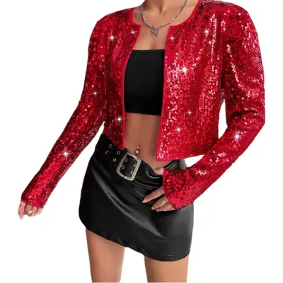 Women Sequined Rock Top Jacket Red Black Short