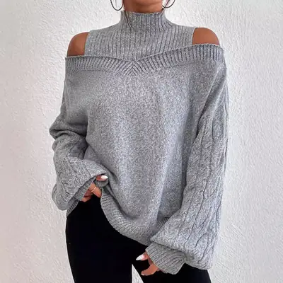 Women's Grey Cold Shoulder Sweater Large Medium