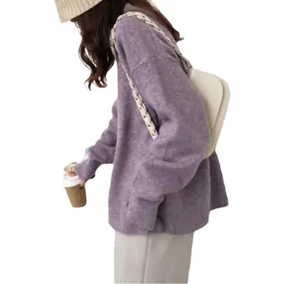 Women Loose Retro Knit Sweater Purple Winter