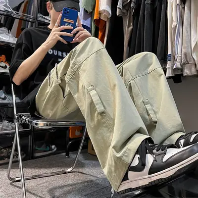 Men's Solid Color Cargo Pants Large Pocket Straight Leg