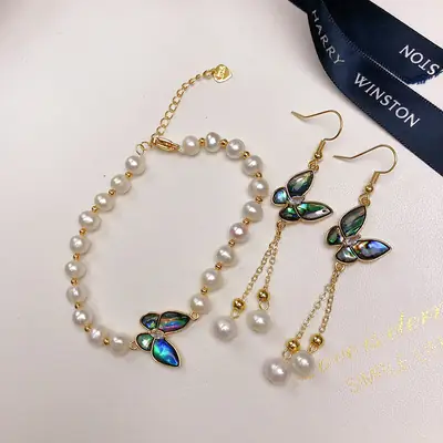 Women's Pearl Butterfly Ear Hook Bracelet Set