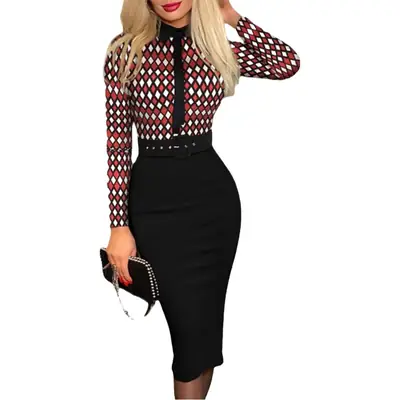 2023 Black Houndstooth Belt Dress Long Sleeve Skirt