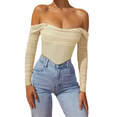 Women's Red Mesh One-Collar Top with Long Sleeves