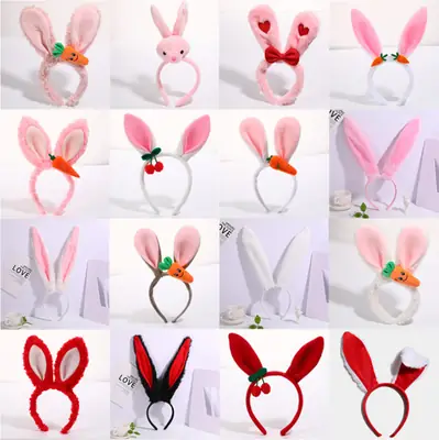 Plush Rabbit Ears Headband White Pink Bow Decor