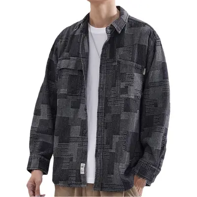 Men's Long-Sleeved Japanese Style Shirt Grey Patterned