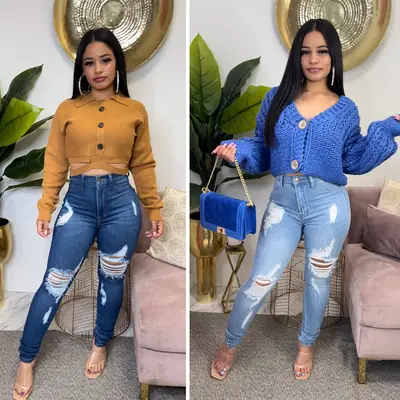 Women's Blue Knit V-Neck Ripped Jeans Set