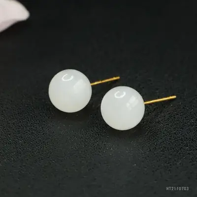 White Jade Round Bead Earrings S925 Silver