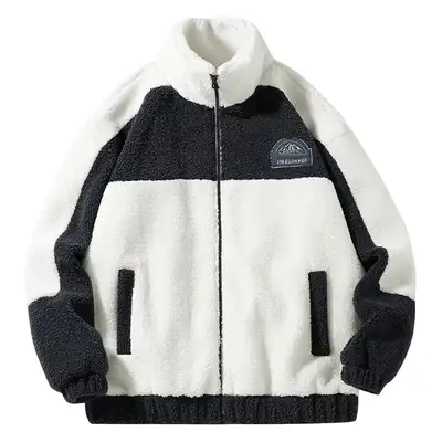 Men's Black White Fleece Zipper Jacket with Hood