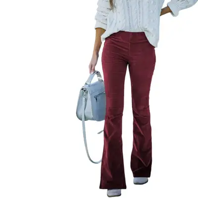 Women's Brown Slim Flared Corduroy Pants High Waist Casual