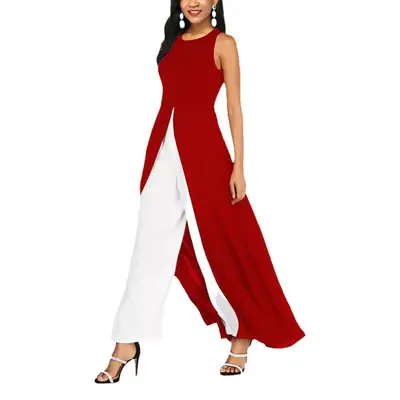 Red White Slim Fit Milk Silk One-Piece Jumpsuit