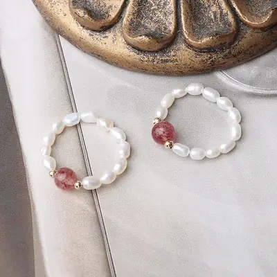 Pink Crystal Pearl Bracelet Set with Red Gemstone
