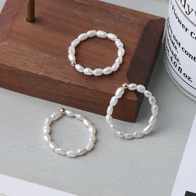 Pearl Ring with 14K Gold Finish, Elastic Line Free, Natural Freshwater Pearl