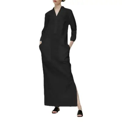 2023 Long Sleeve Cotton-Linen Long Dress with Slit Side