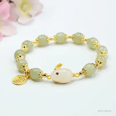 Rabbit Fortune Pendant Bracelet with Jade Beads Gold Plated