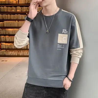Men Grey Long Sleeve Crew Neck Sweatshirt with Pocket