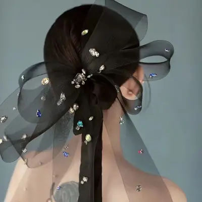 Black Mesh Diamond Hairpin Headdress for Bridal Wedding