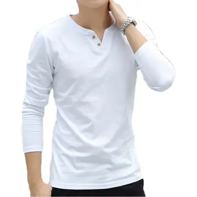 Men Korean Style V Neck Long Sleeve T-Shirt Red
