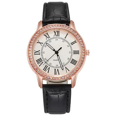 Women's Belt Roman Numerals Quartz Watch Rose Gold Black Strap