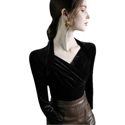 Velvet V-Neck Long Sleeve Shirt Brown