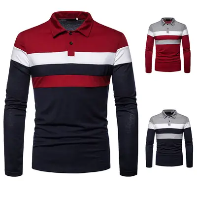 Men's Long Sleeve Polo Shirt Red White Black Stripe