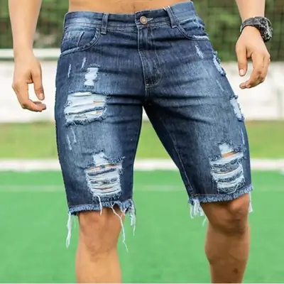 Ripped Slim Fit Men's Blue Denim Shorts
