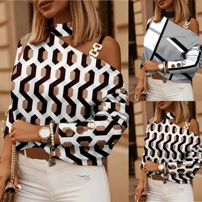 2022 Women Long Sleeve Chain Neck Jacket with Button Decor
