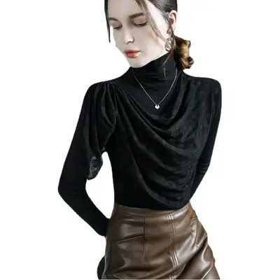 Black Mesh Pleated High Neck Shirt with Long Sleeves