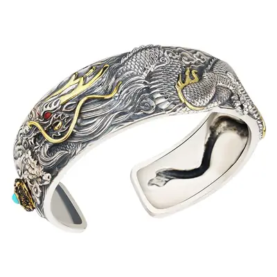 High-end Dragon-shaped Xizang Silver Woven Bracelet Men's Trendy Personalized Open-ended Aggressive Retro Dragon Bracelet Thick Bracelet