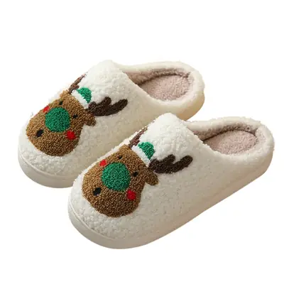 New Christmas Elk Cotton Slippers for Men and Women Autumn and Winter Cute Cartoon Home Non-Slip Indoor Plush Cotton Shoes for Couple