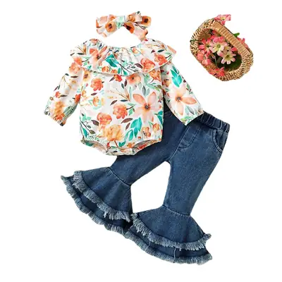 Baby Floral Print Suit Long Sleeve Denim Bell Bottoms
