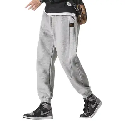 Men Ankle Tied Fleece Sweatpants Grey Loose