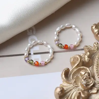 Colorful Retro Crystal Pearl Ring 14K Gold