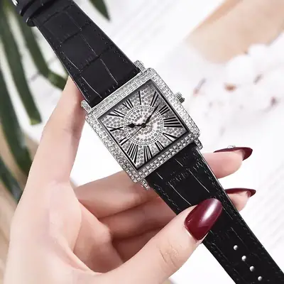 Square Diamond Watch for Women Roman Digital Quartz Belt